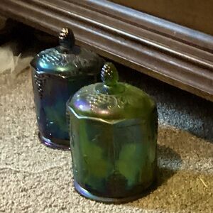 2 matching green carnival glass jars w lids